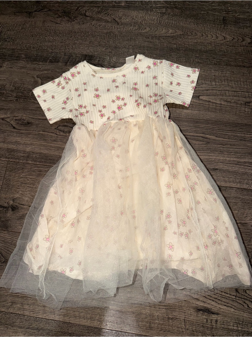 Zara Cream Dress with Pink Floral Print and Tulle Overlay